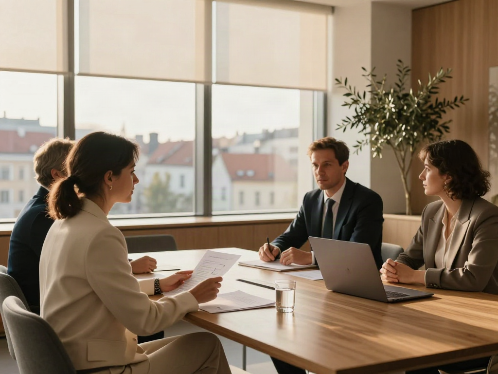 A collaborative strategy review around a sunlit conference table